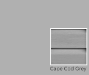Cape Cod Grey vinyl siding color option for shed construction, showcasing textured finish and color swatch.