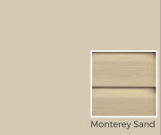 Monterey Sand vinyl siding color sample for exterior options at Mid Valley Structures.