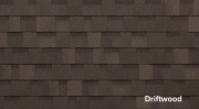 Driftwood shingle color option for roofing, showcasing textured dark brown tones, relevant to shed construction color choices.