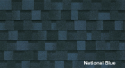 National Blue roof shingles sample, showcasing textured dark blue color for exterior options in shed construction.