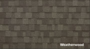 Weatherwood roof shingles displayed in a textured pattern, showcasing color options for shed and barn construction.