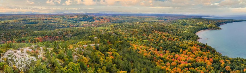 Beautiful Autumn panorama of Lake Superior Sugarloaf Mountain Overlook near Marquette Michigan - Upper Peninsula