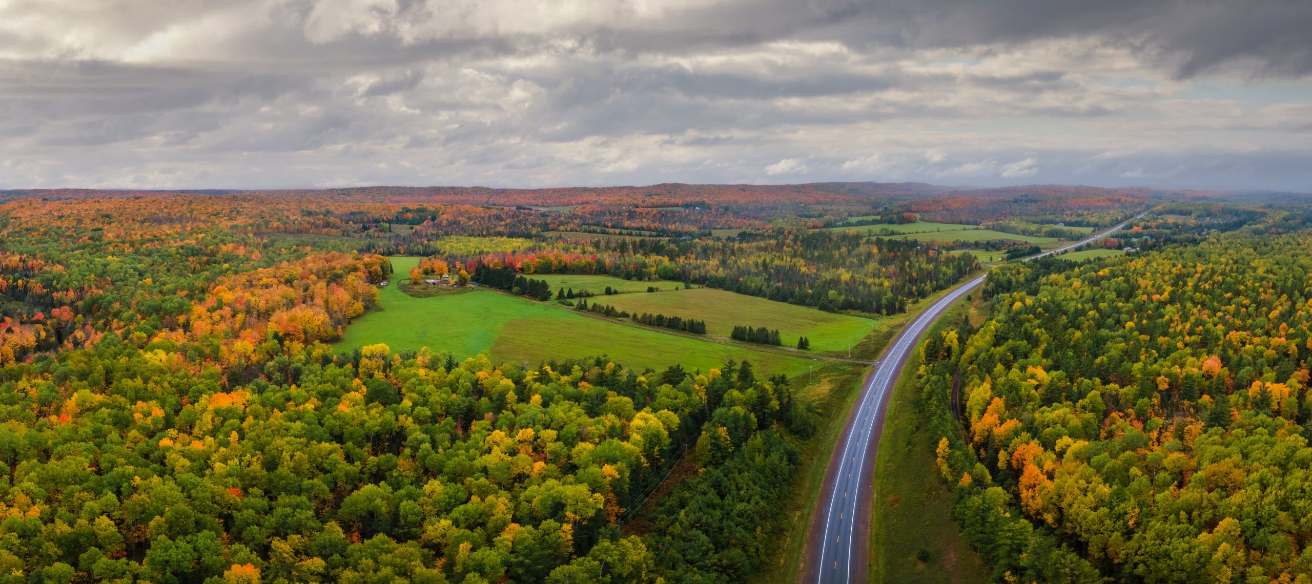 A road winds through the wooded and scenic lands of Michigan.