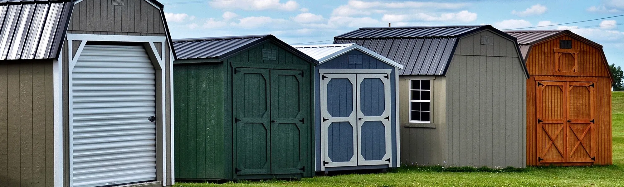Diverse customization options for site-built sheds set in a scenic garden landscape
