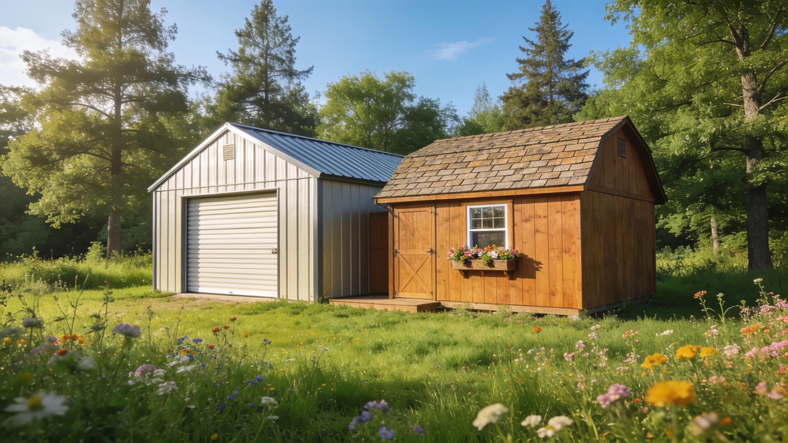 Comparative view of portable storage buildings and site-built sheds in a lush outdoor environment
